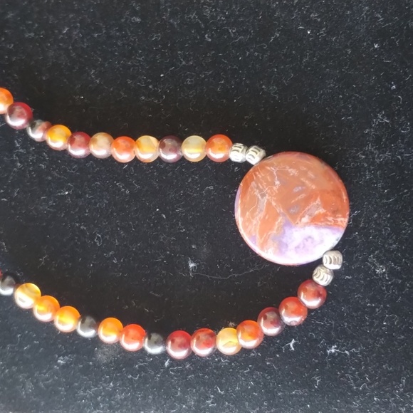 Necklace Handmade Red Agate,Round Red & Purple Stone & metal spacers beads 32" - Picture 2 of 8